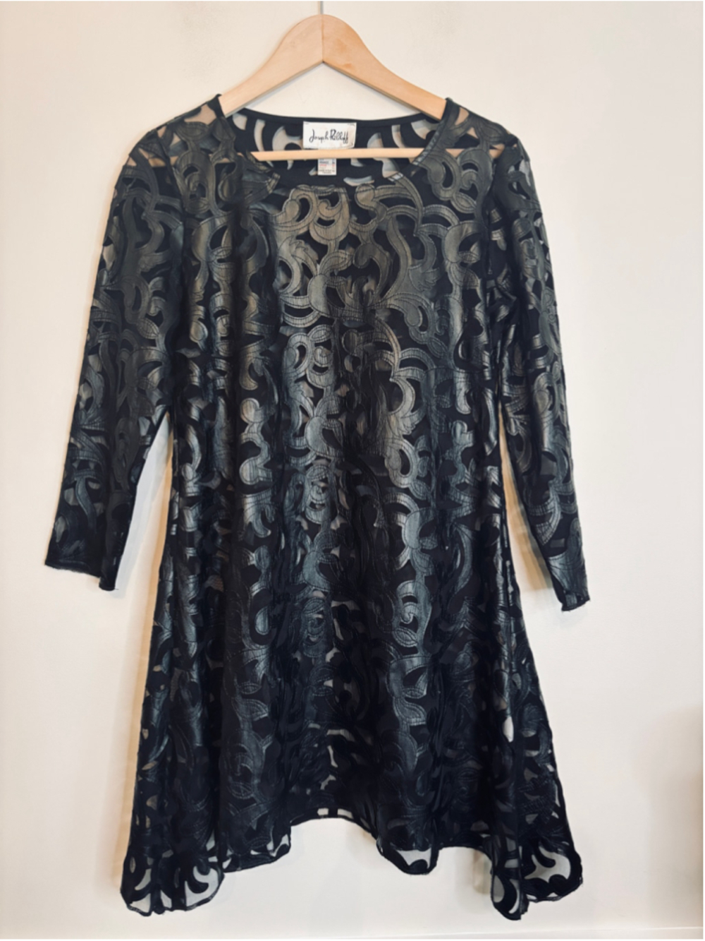 Joseph Ribkoff Black Asymmetrical Tunic Dress Size 6 Appliqué Pattern Mystical